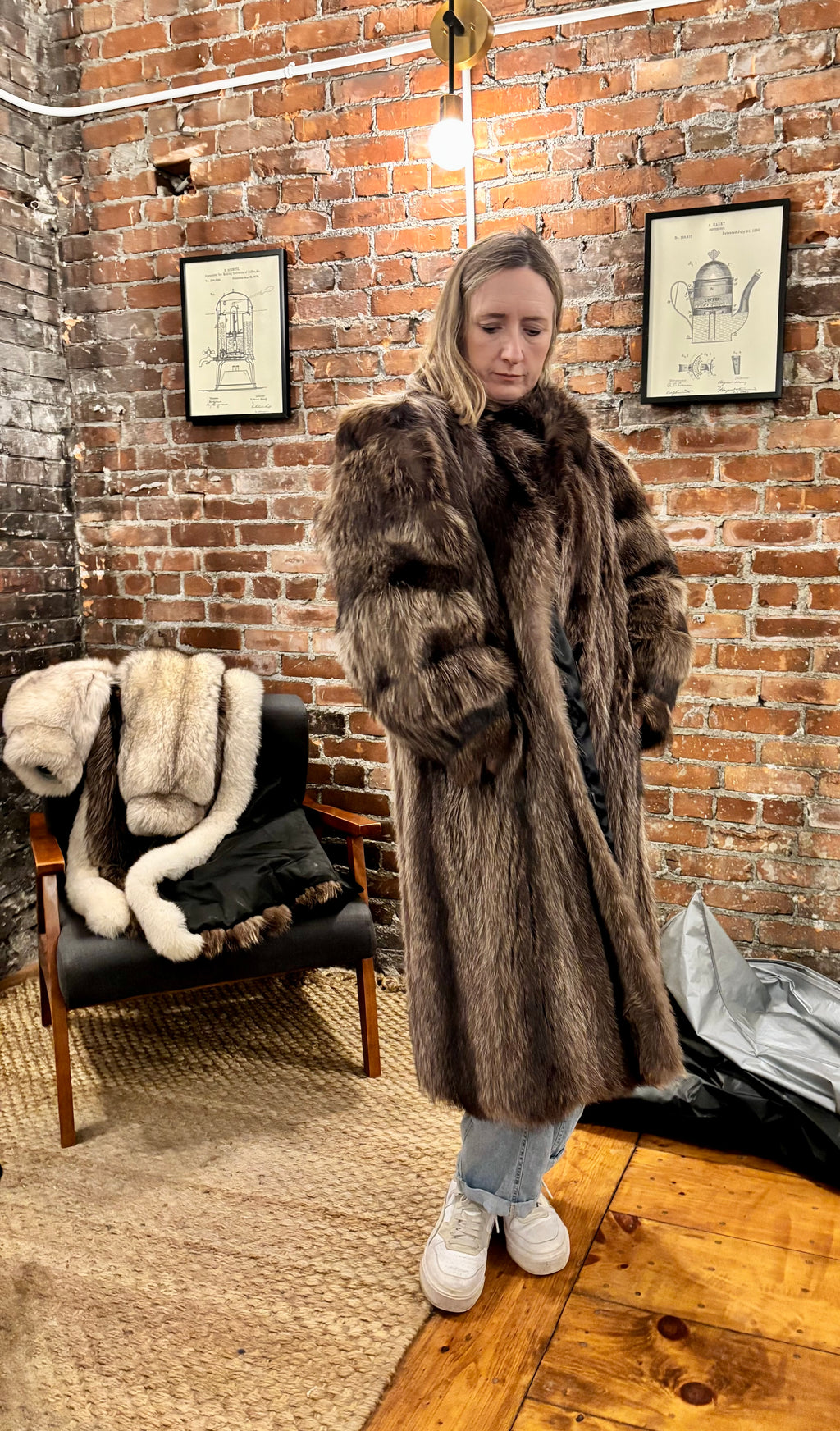 Black Ranch Mink Coat with Silver Fox Collar & Cuffs