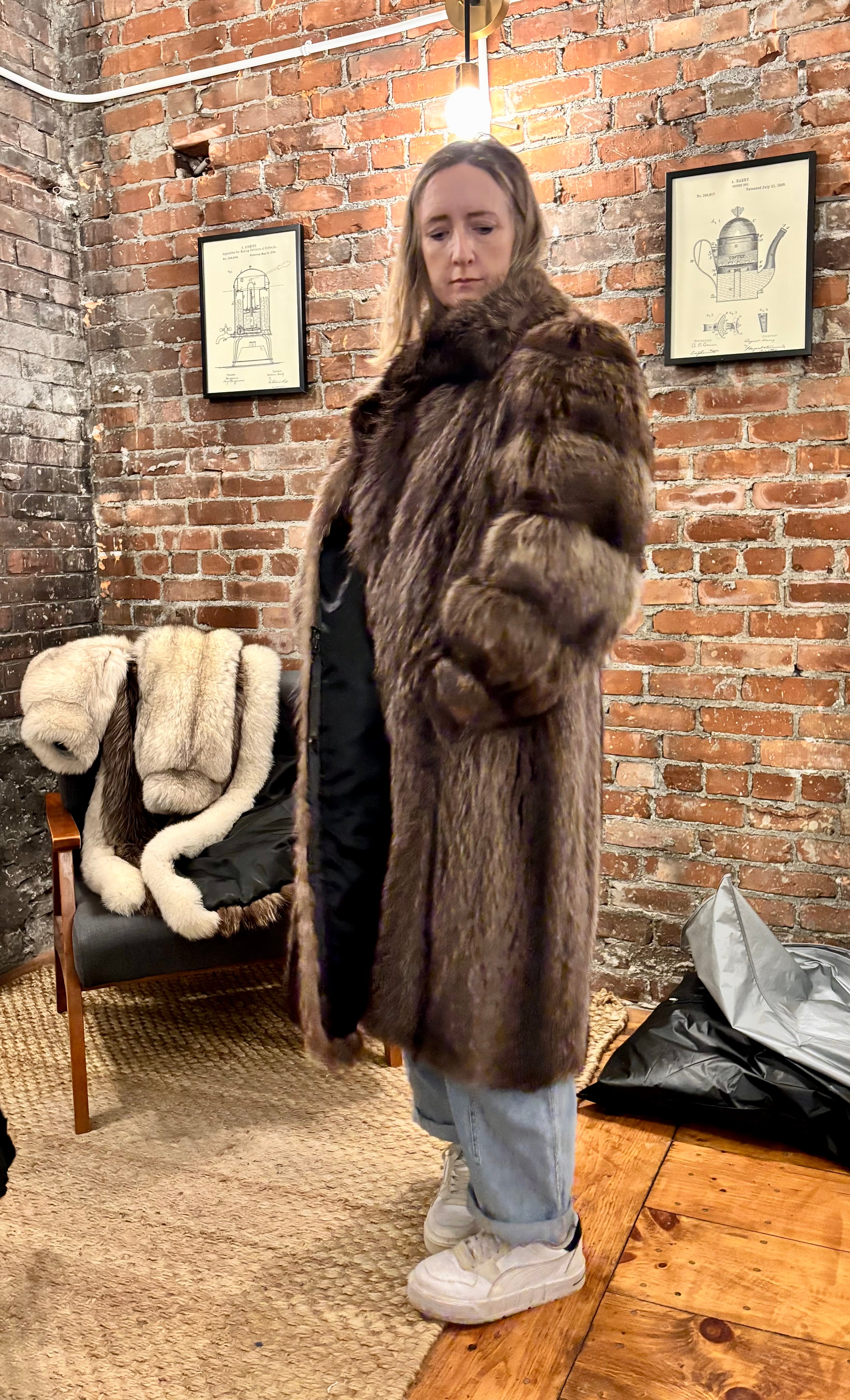 Black Ranch Mink Coat with Silver Fox Collar & Cuffs