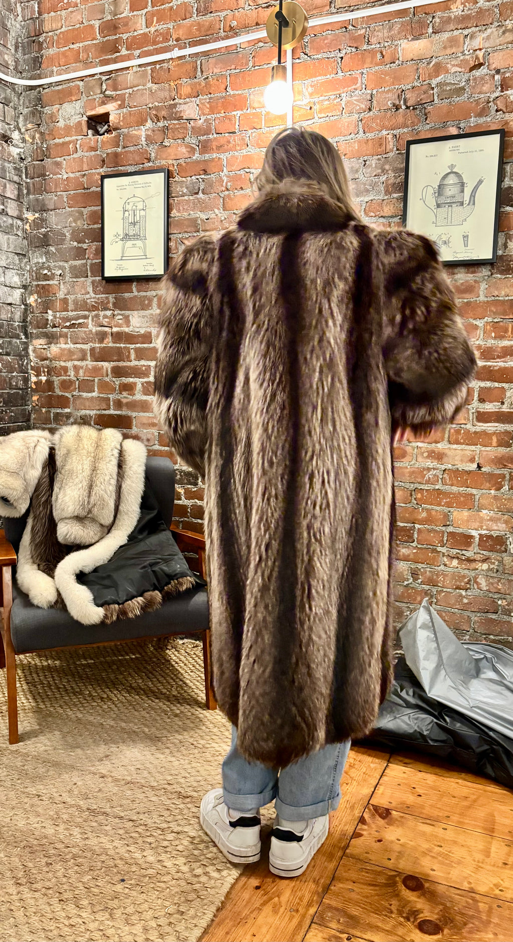 Black Ranch Mink Coat with Silver Fox Collar & Cuffs