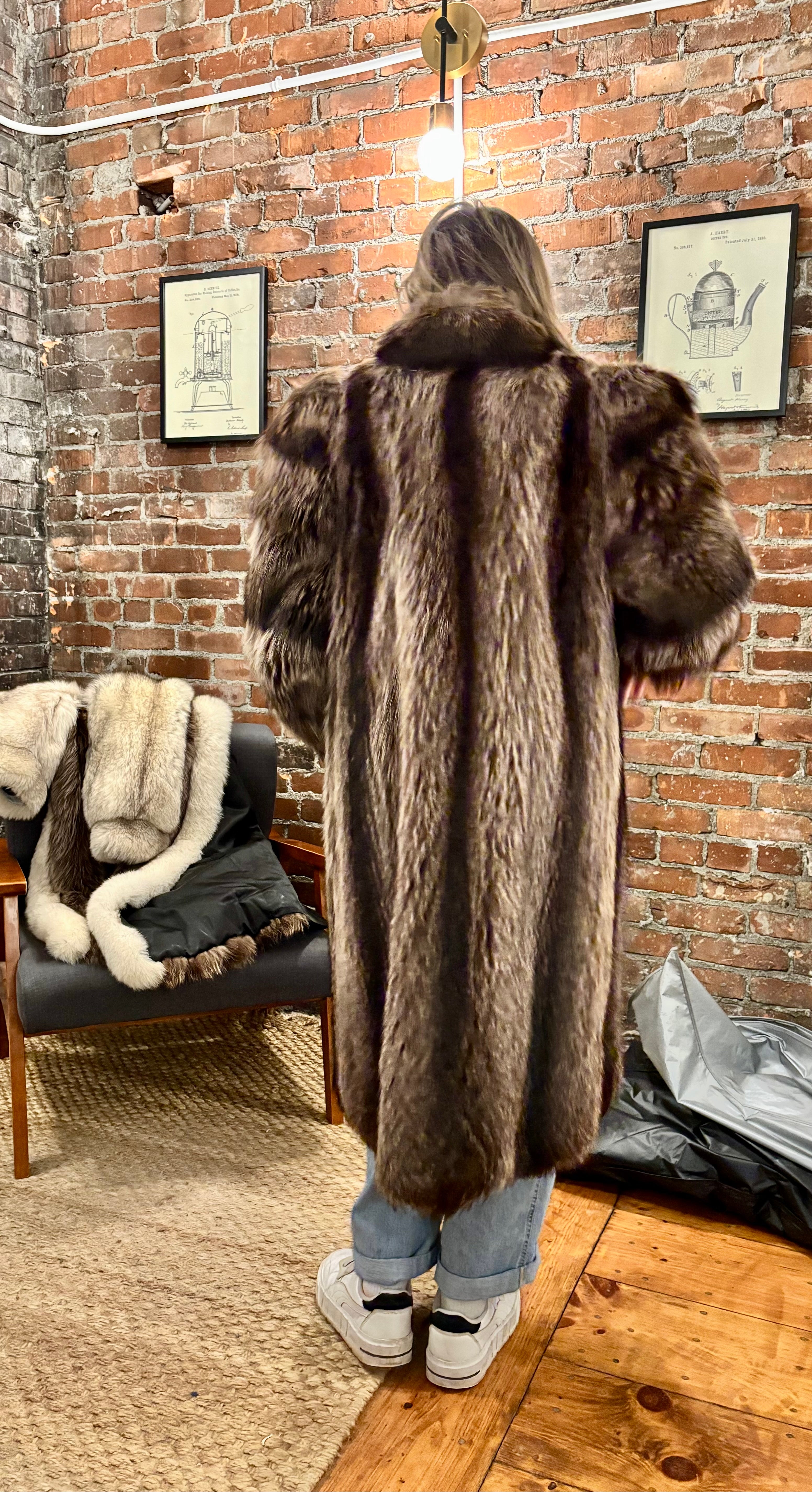 Black Ranch Mink Coat with Silver Fox Collar & Cuffs