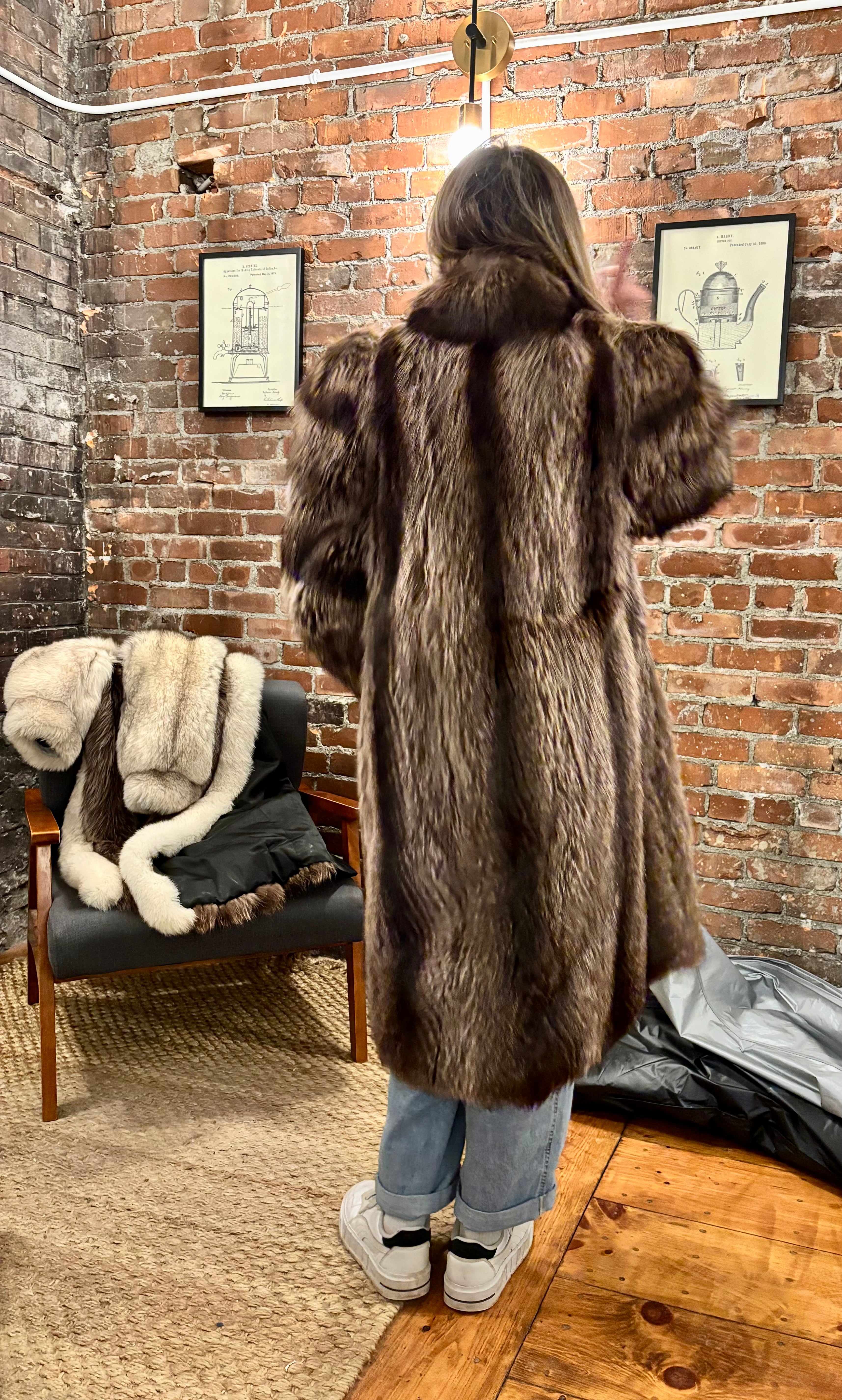 Black Ranch Mink Coat with Silver Fox Collar & Cuffs