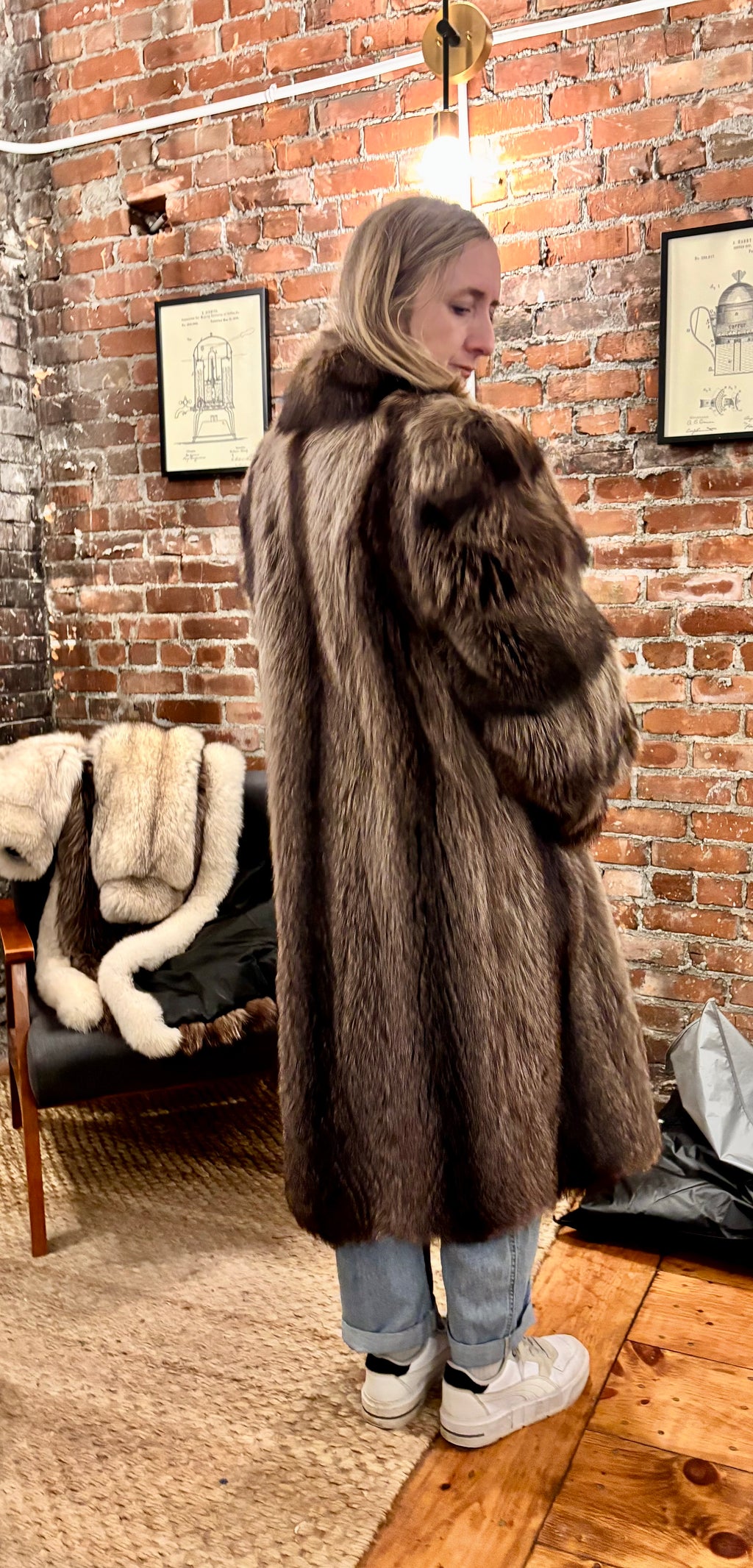 Black Ranch Mink Coat with Silver Fox Collar & Cuffs