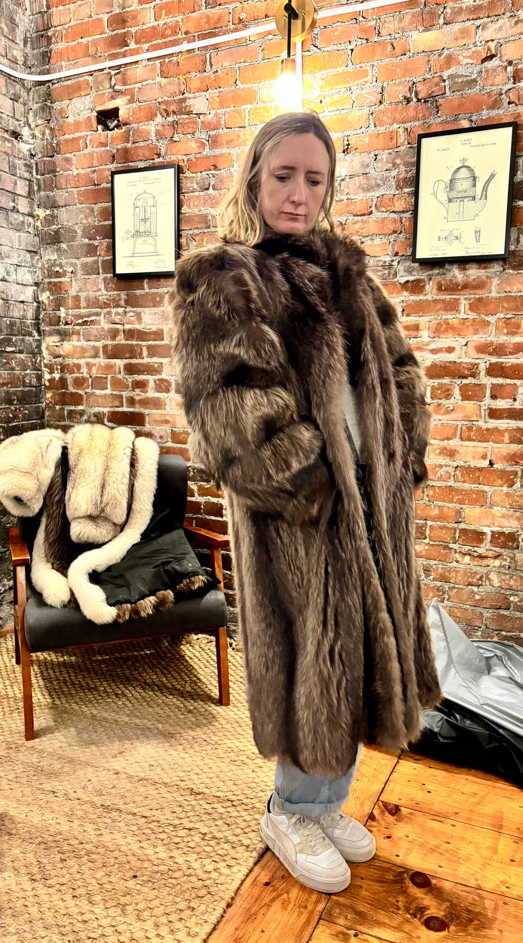 Black Ranch Mink Coat with Silver Fox Collar & Cuffs