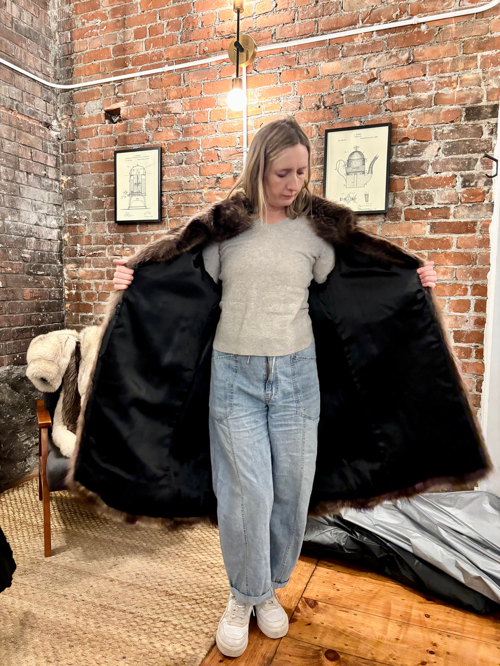 Black Ranch Mink Coat with Silver Fox Collar & Cuffs