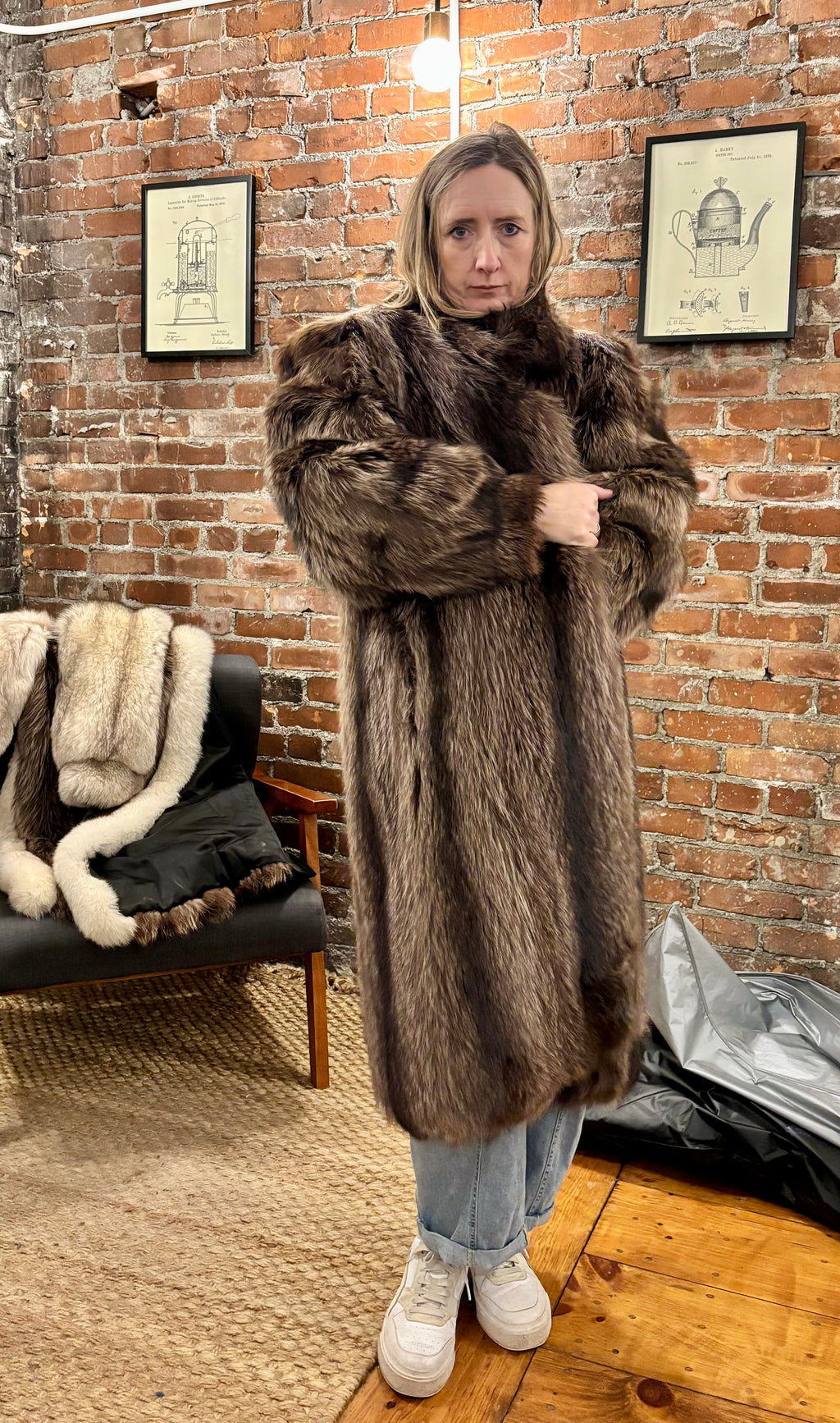 Black Ranch Mink Coat with Silver Fox Collar & Cuffs