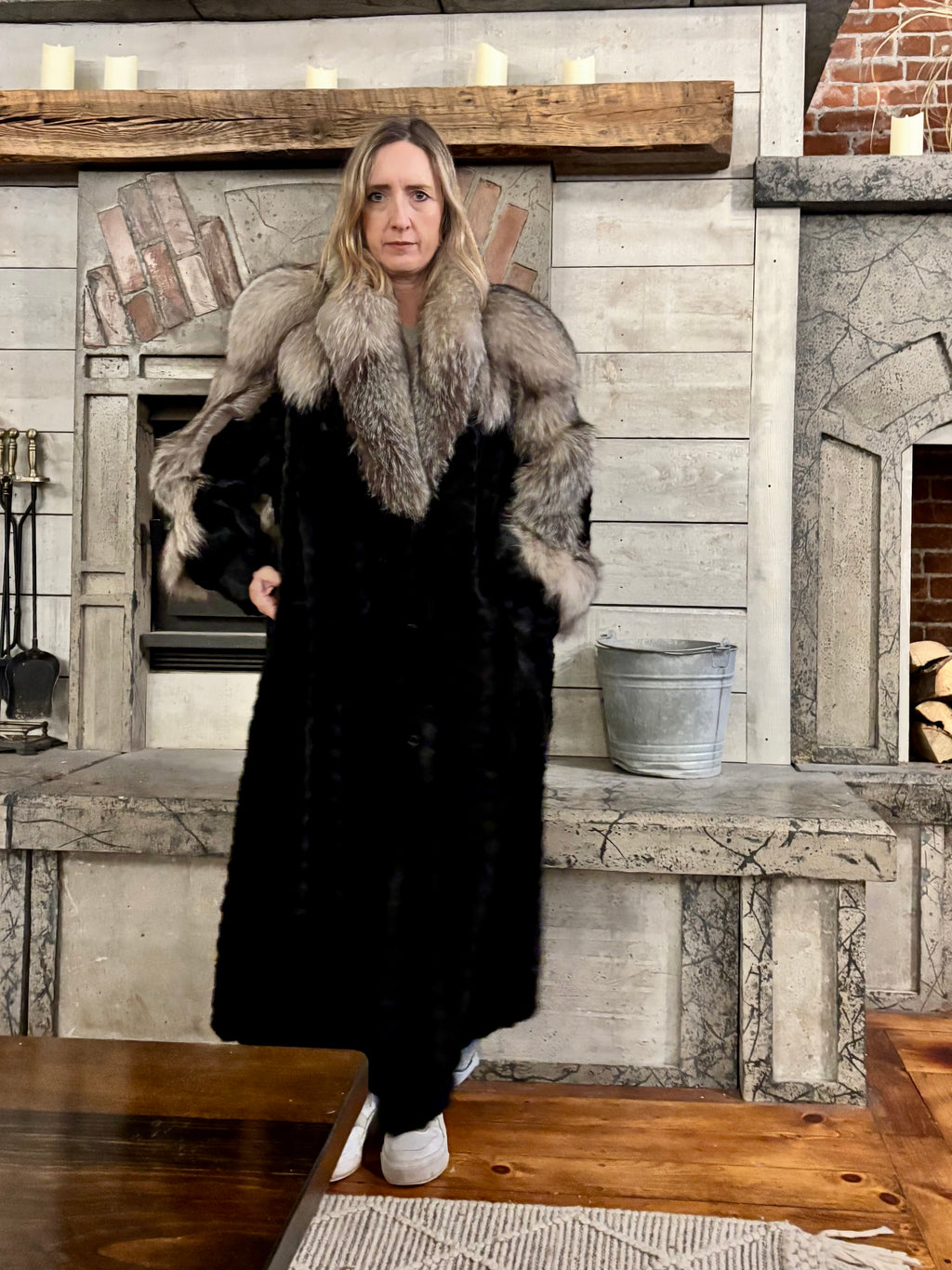 Black Ranch Mink Coat with Silver Fox Collar & Cuffs
