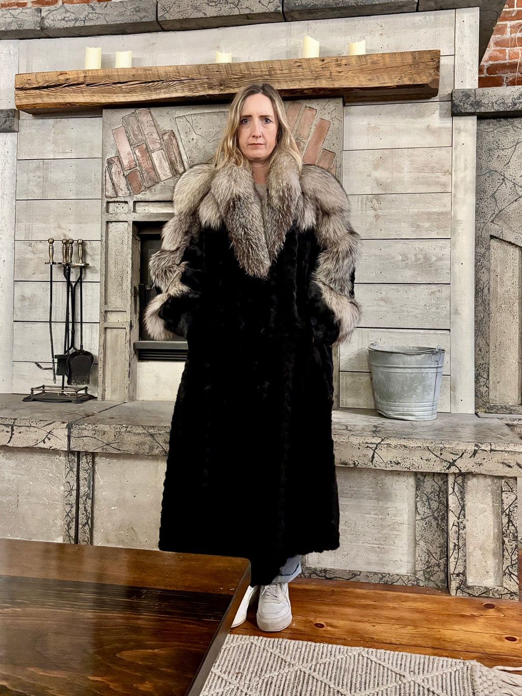 Black Ranch Mink Coat with Silver Fox Collar & Cuffs