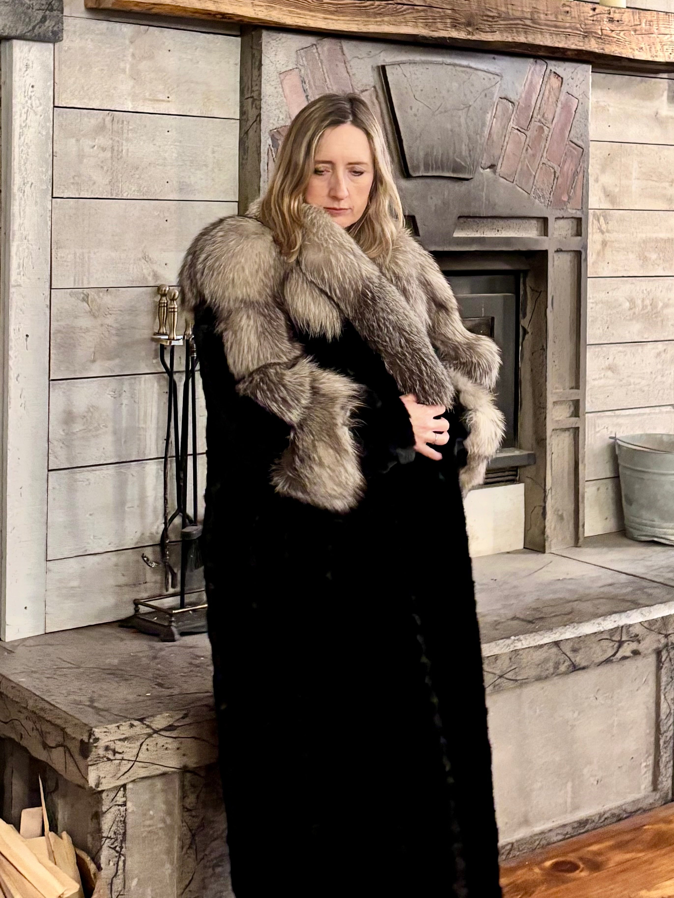 Black Ranch Mink Coat with Silver Fox Collar & Cuffs