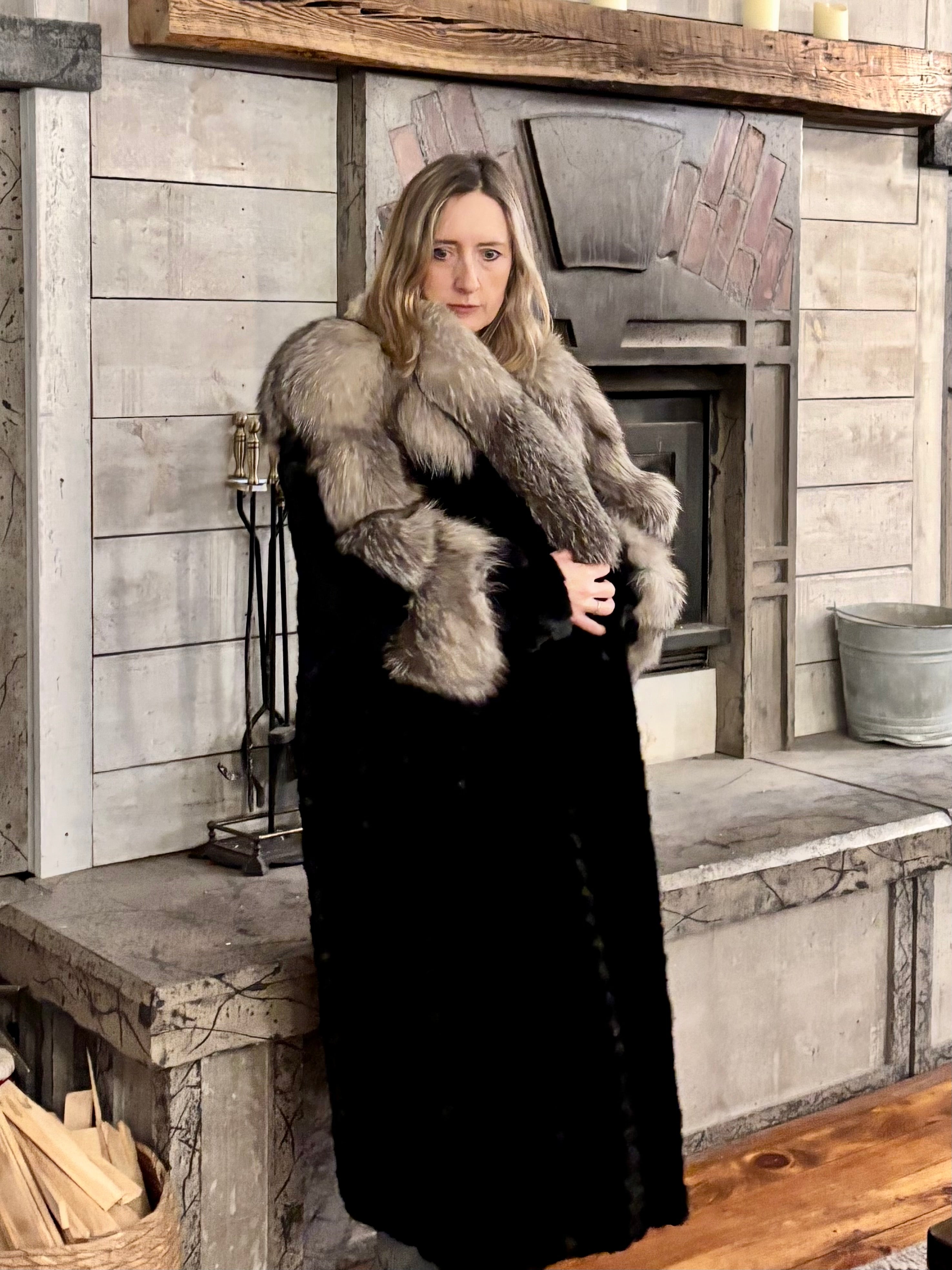 Black Ranch Mink Coat with Silver Fox Collar & Cuffs