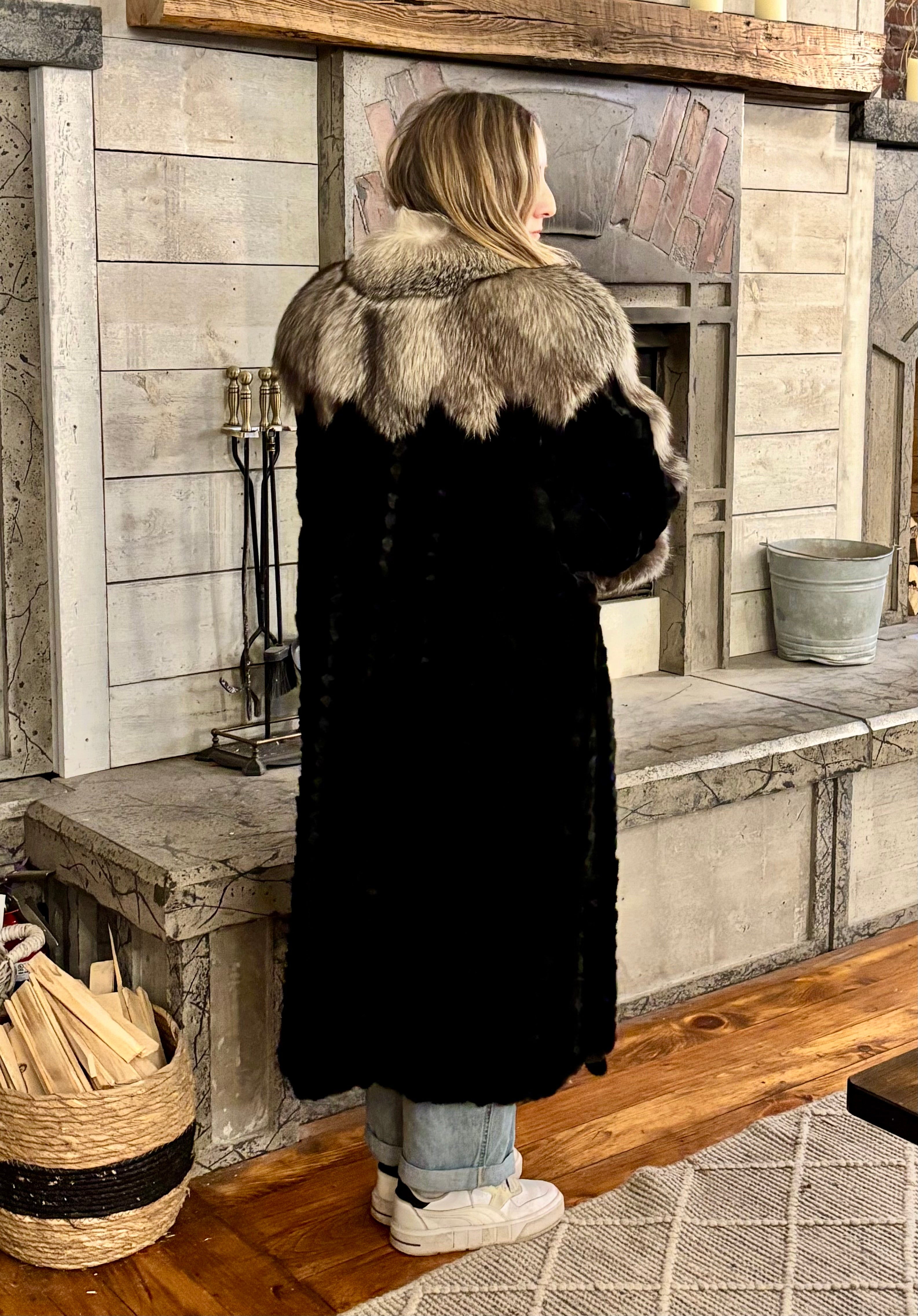 Black Ranch Mink Coat with Silver Fox Collar & Cuffs