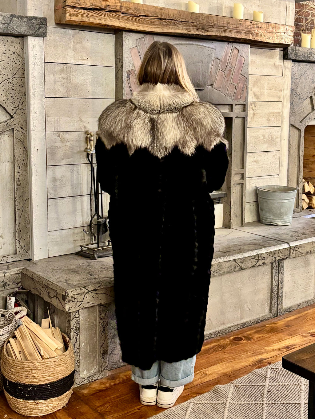 Black Ranch Mink Coat with Silver Fox Collar & Cuffs