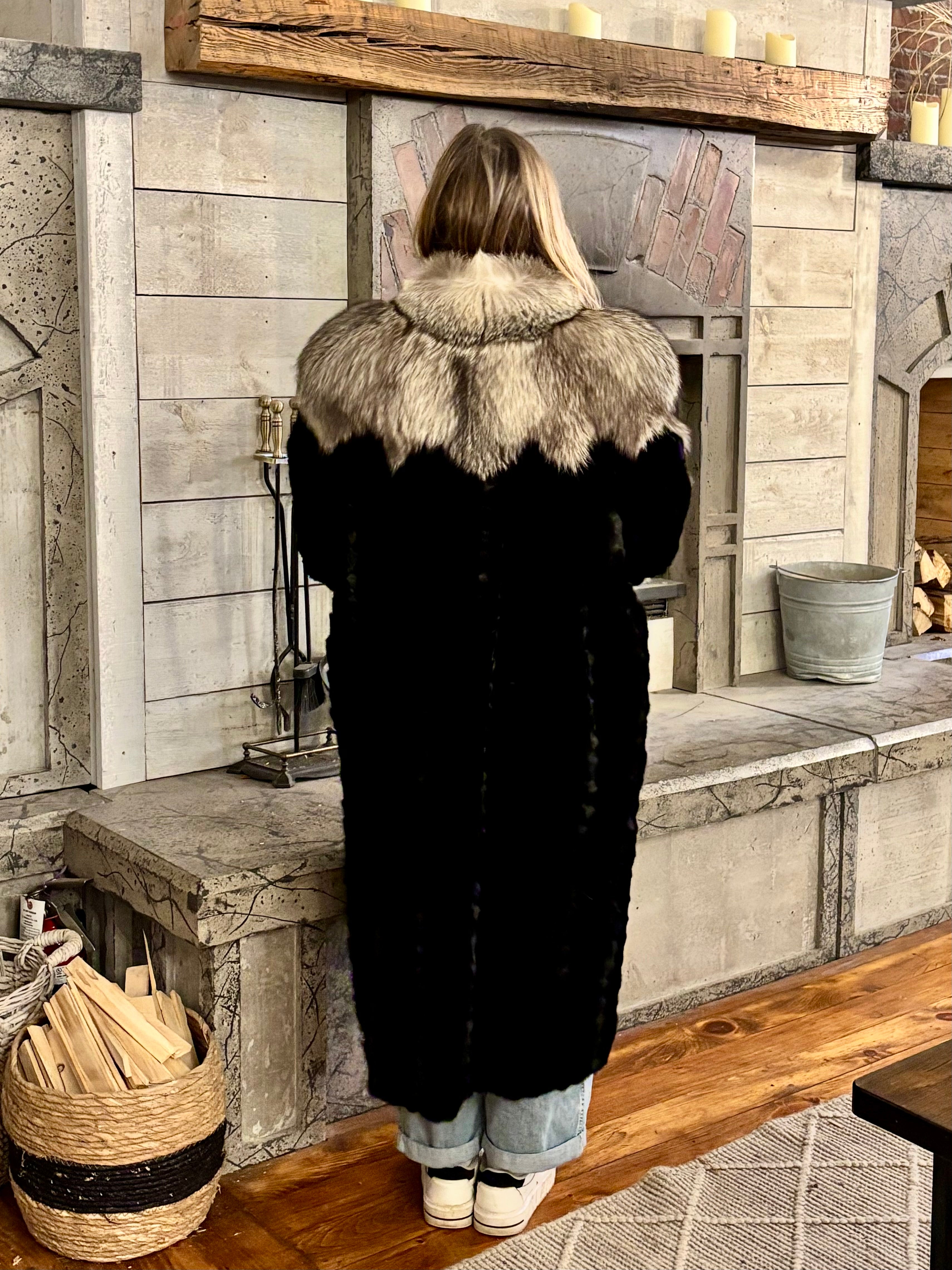 Black Ranch Mink Coat with Silver Fox Collar & Cuffs