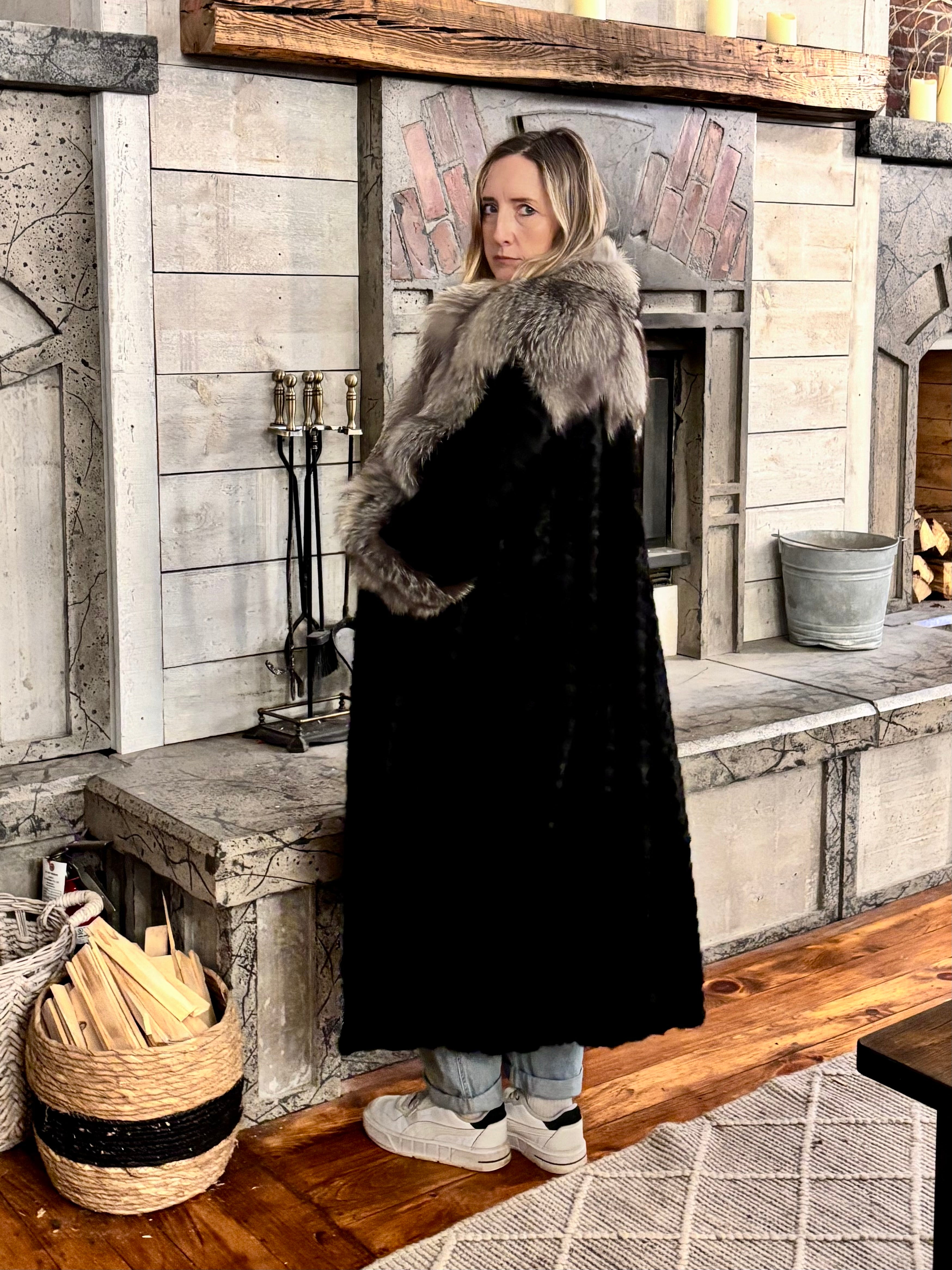 Black Ranch Mink Coat with Silver Fox Collar & Cuffs