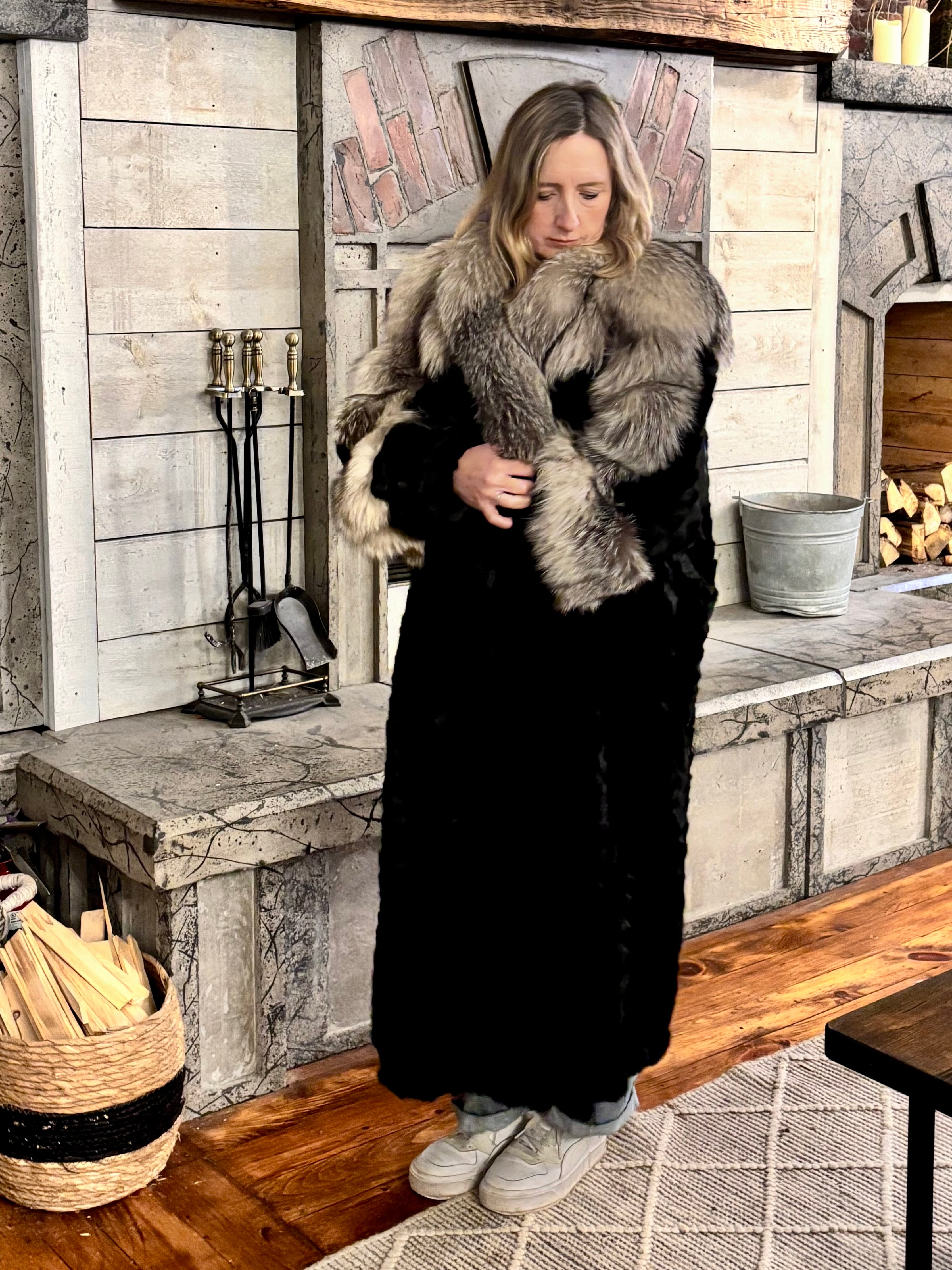 Black Ranch Mink Coat with Silver Fox Collar & Cuffs