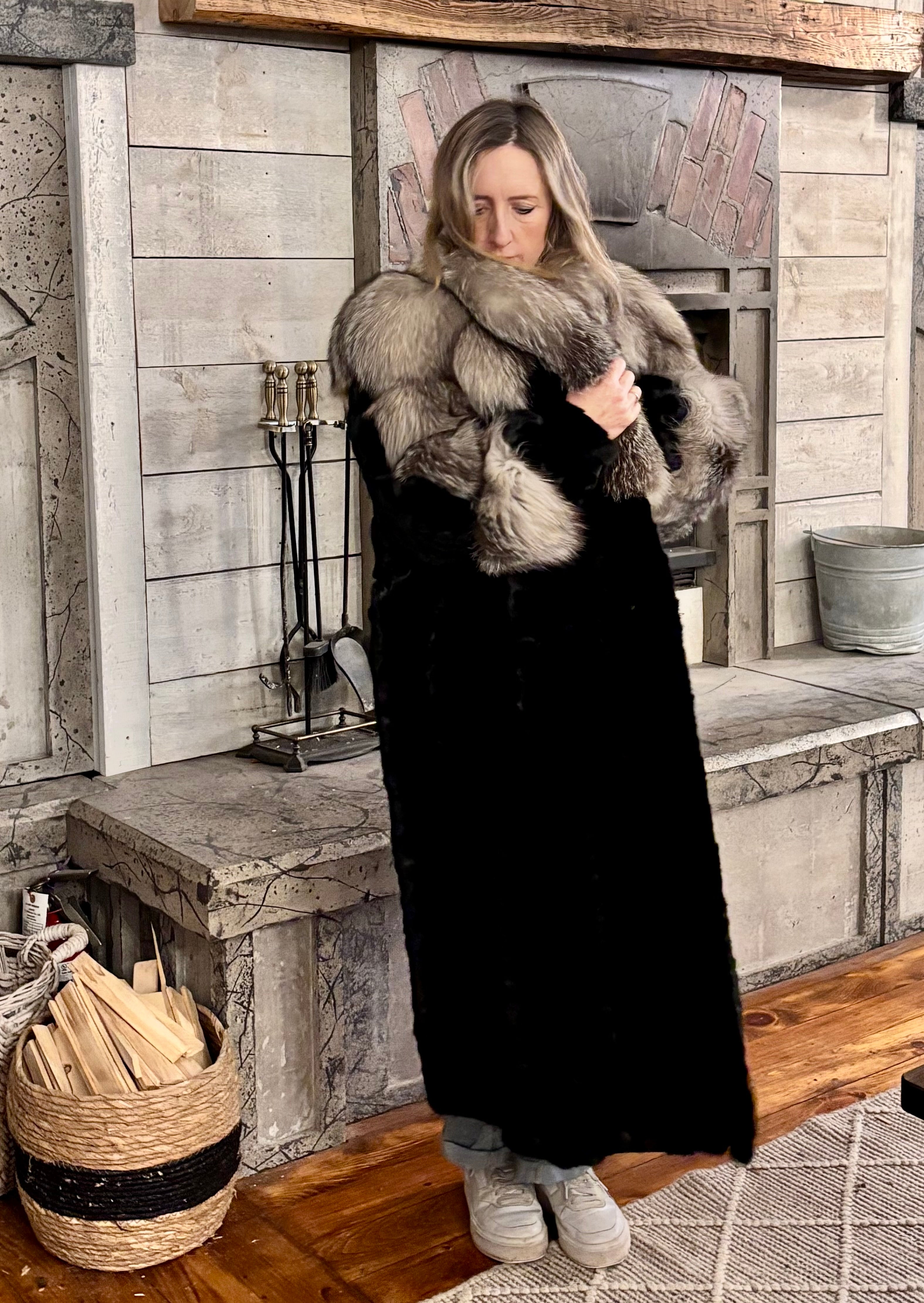 Black Ranch Mink Coat with Silver Fox Collar & Cuffs