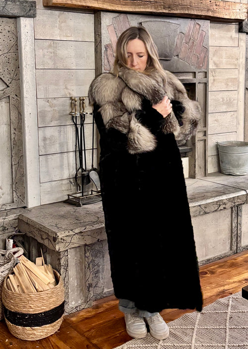 Black Ranch Mink Coat with Silver Fox Collar & Cuffs