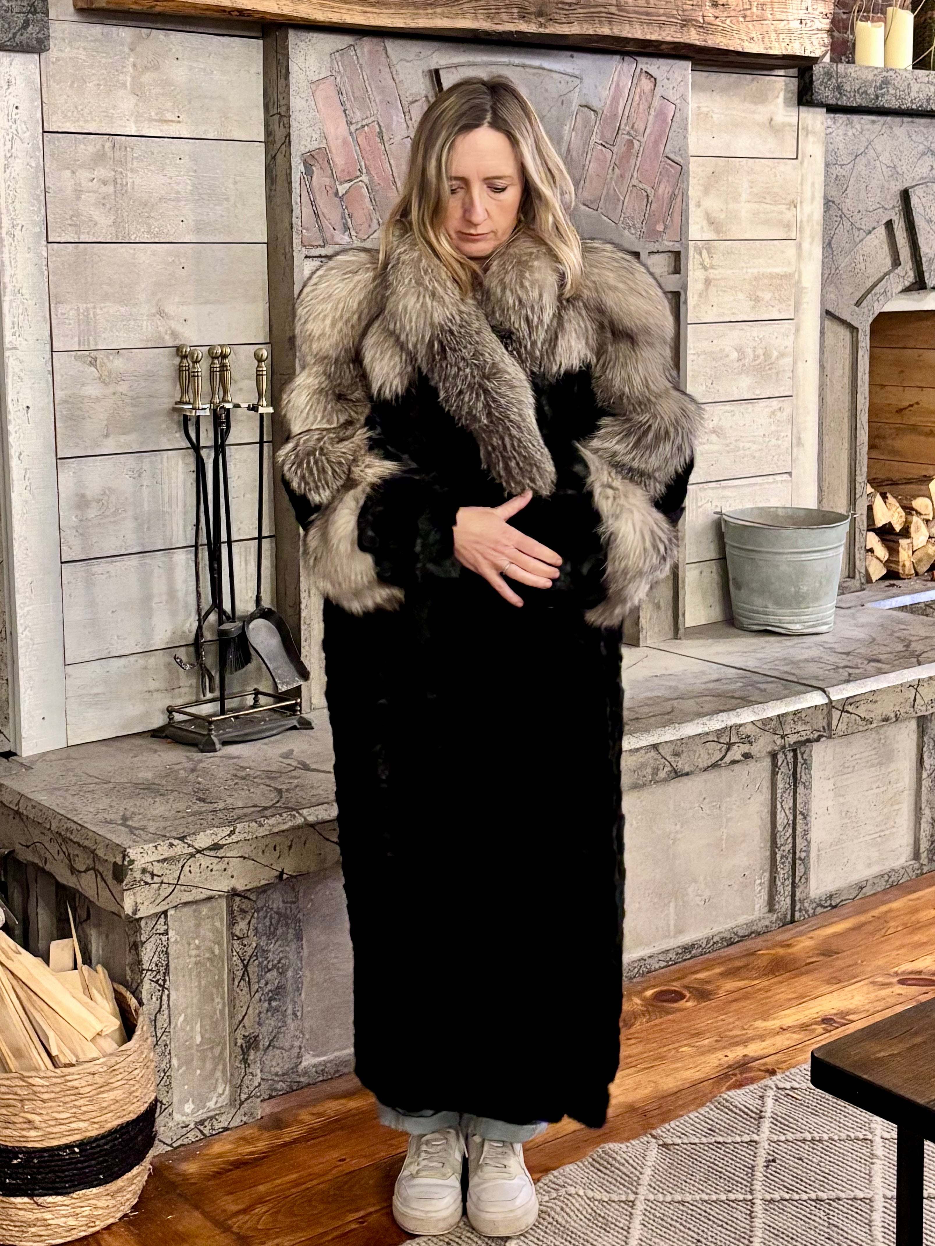Black Ranch Mink Coat with Silver Fox Collar & Cuffs